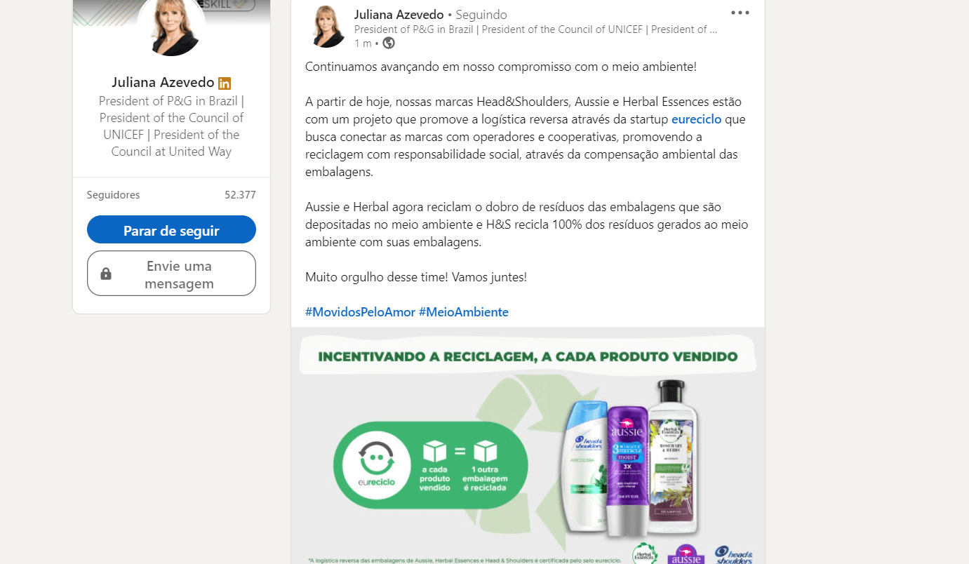 Print da postagem de divulgação da parceria entre P&G e eureciclo.